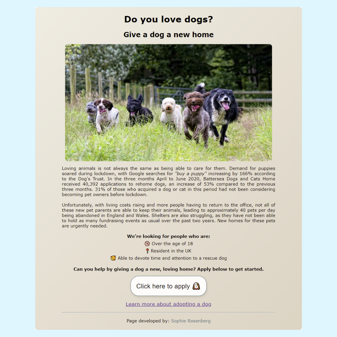 Screenshot of rehome a dog project