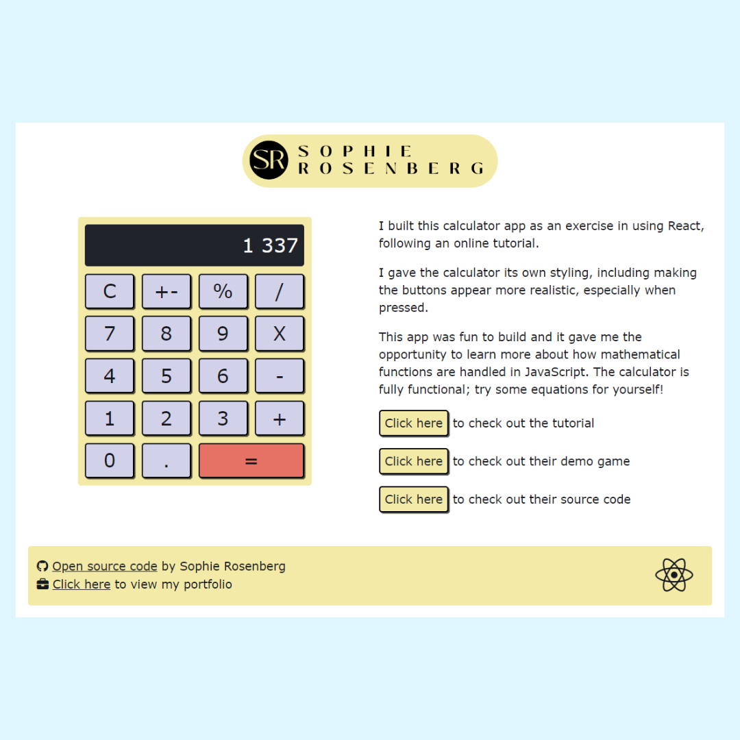 Screenshot of react calculator app