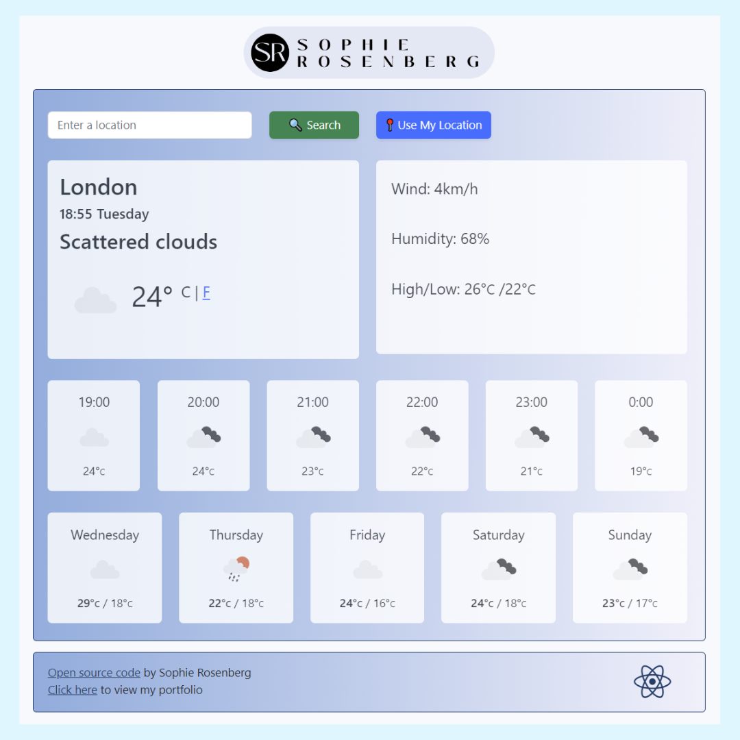 Screenshot of react weather app