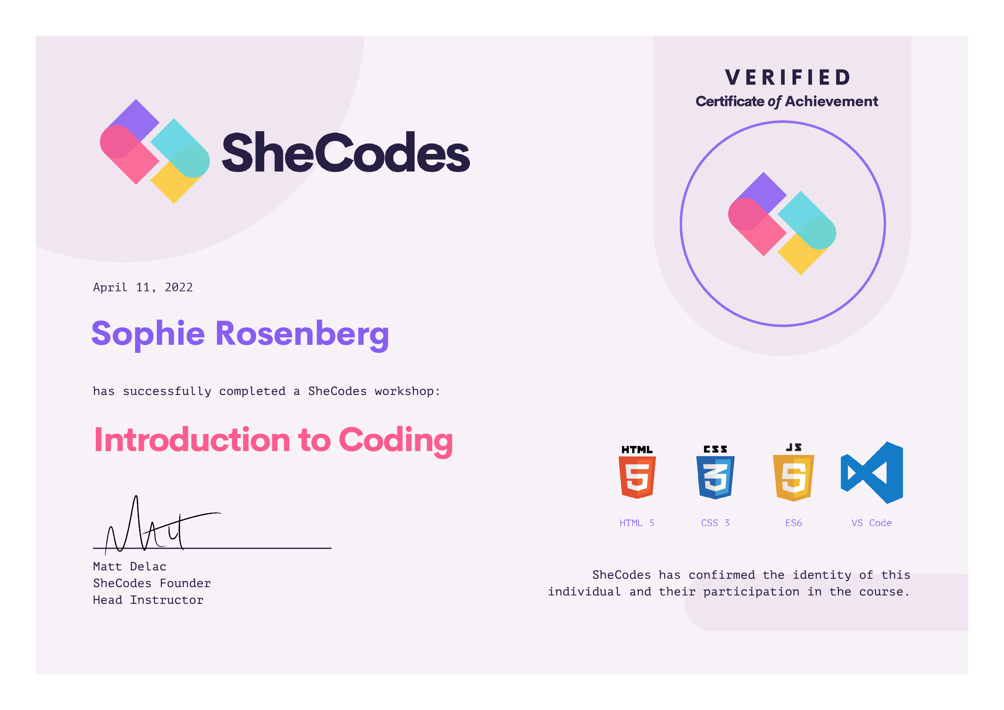 SheCodes Basics Certificate